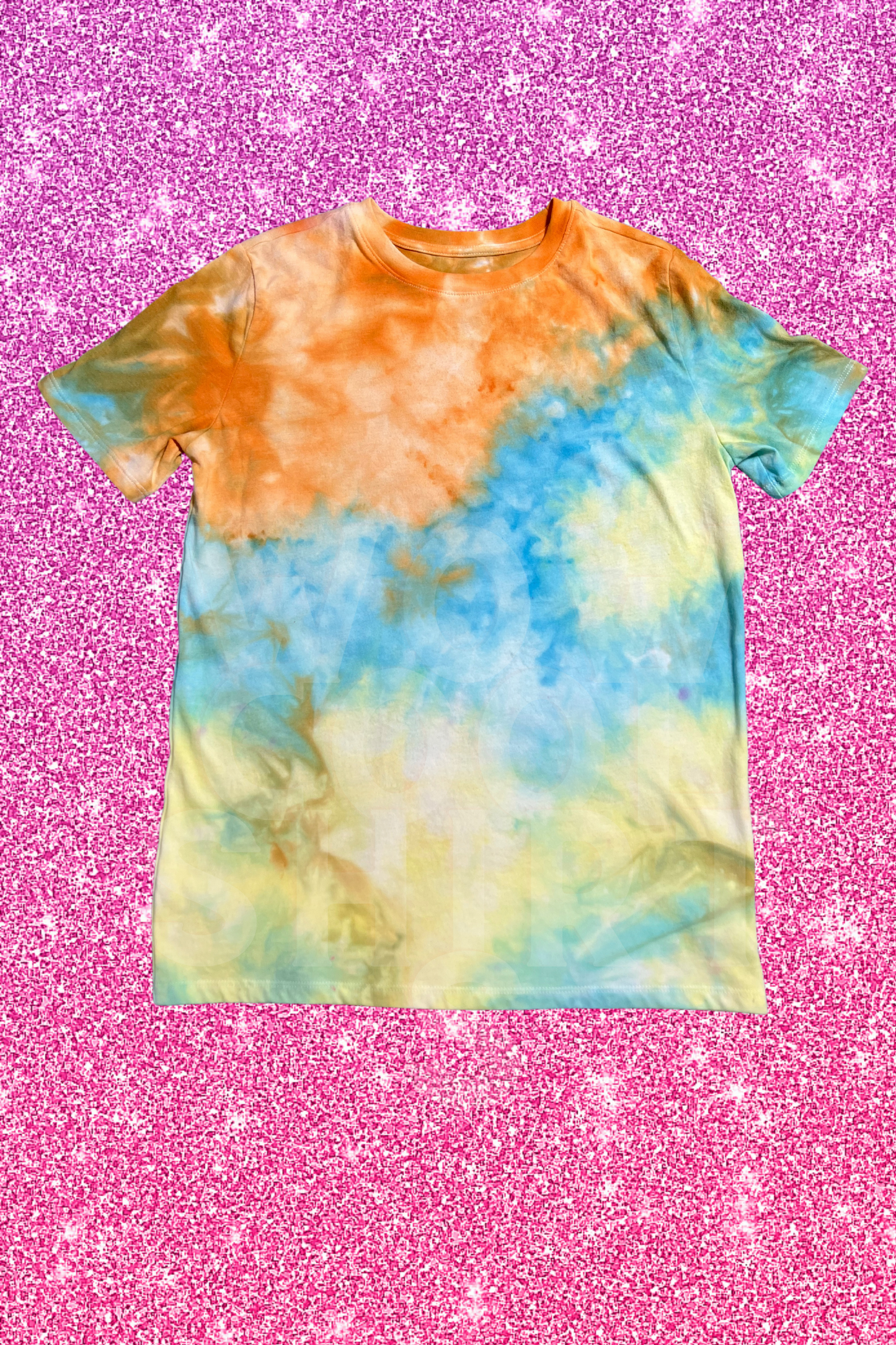 ORANGE SKY BLUE AND GREEN ICE DYE T SHIRT