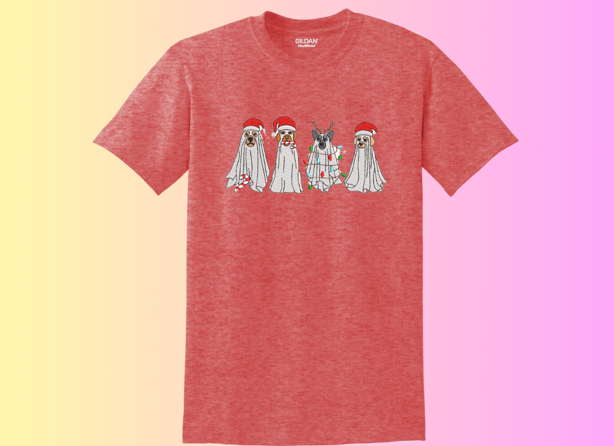CHRISTMAS DOG GHOST EMBROIDERY T SHIRT