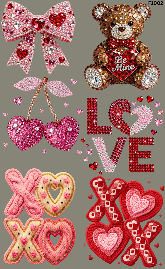 Yarda DTF Premium San Valentín – Moños, Osito, Cerezas, LOVE & XOXO | Diseños Listos para Planchar
