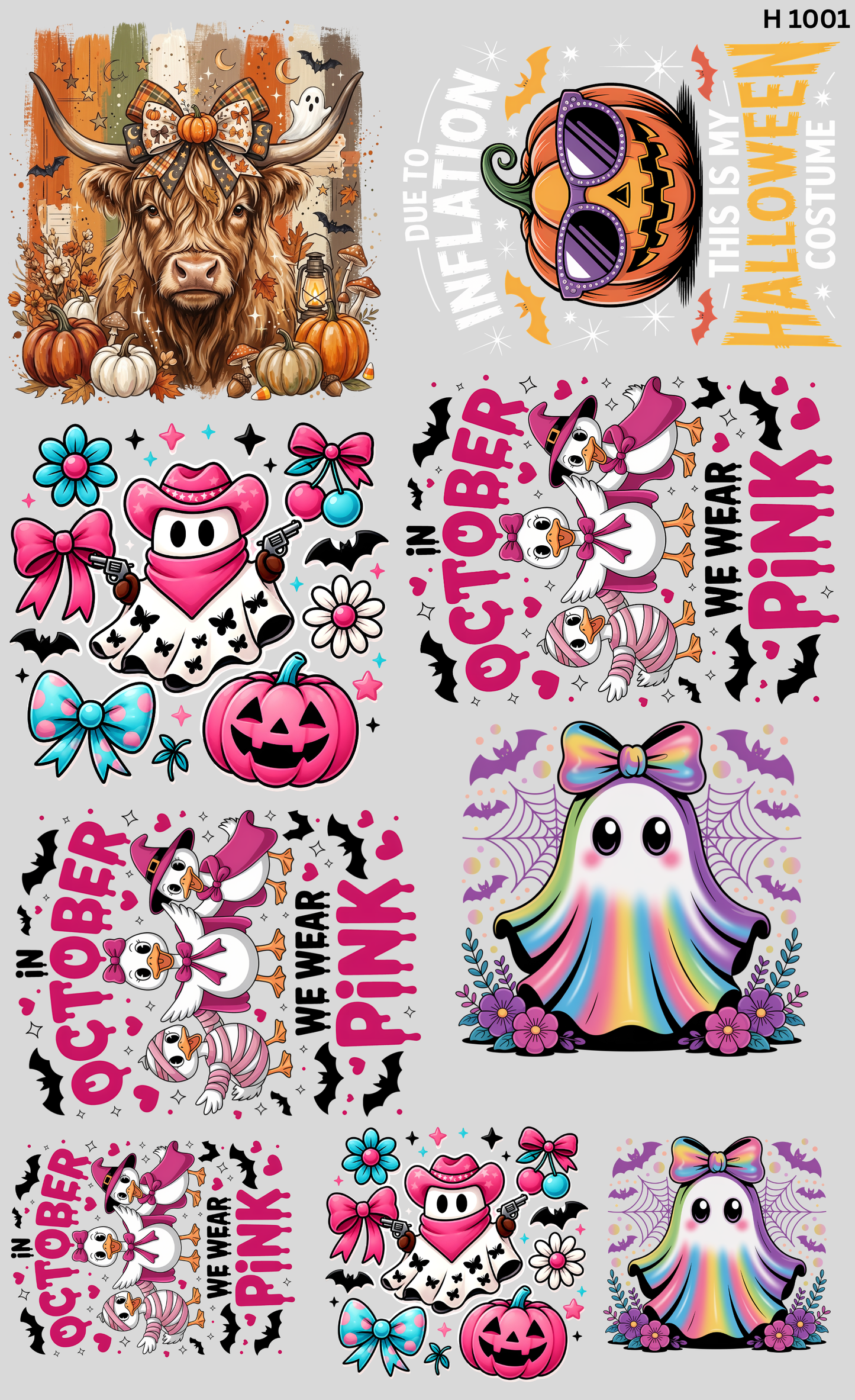 Gang Sheet DTF Halloween Cute Mix | Highland Cow, Ghost, Pumpkin & Pink October | 22x36"