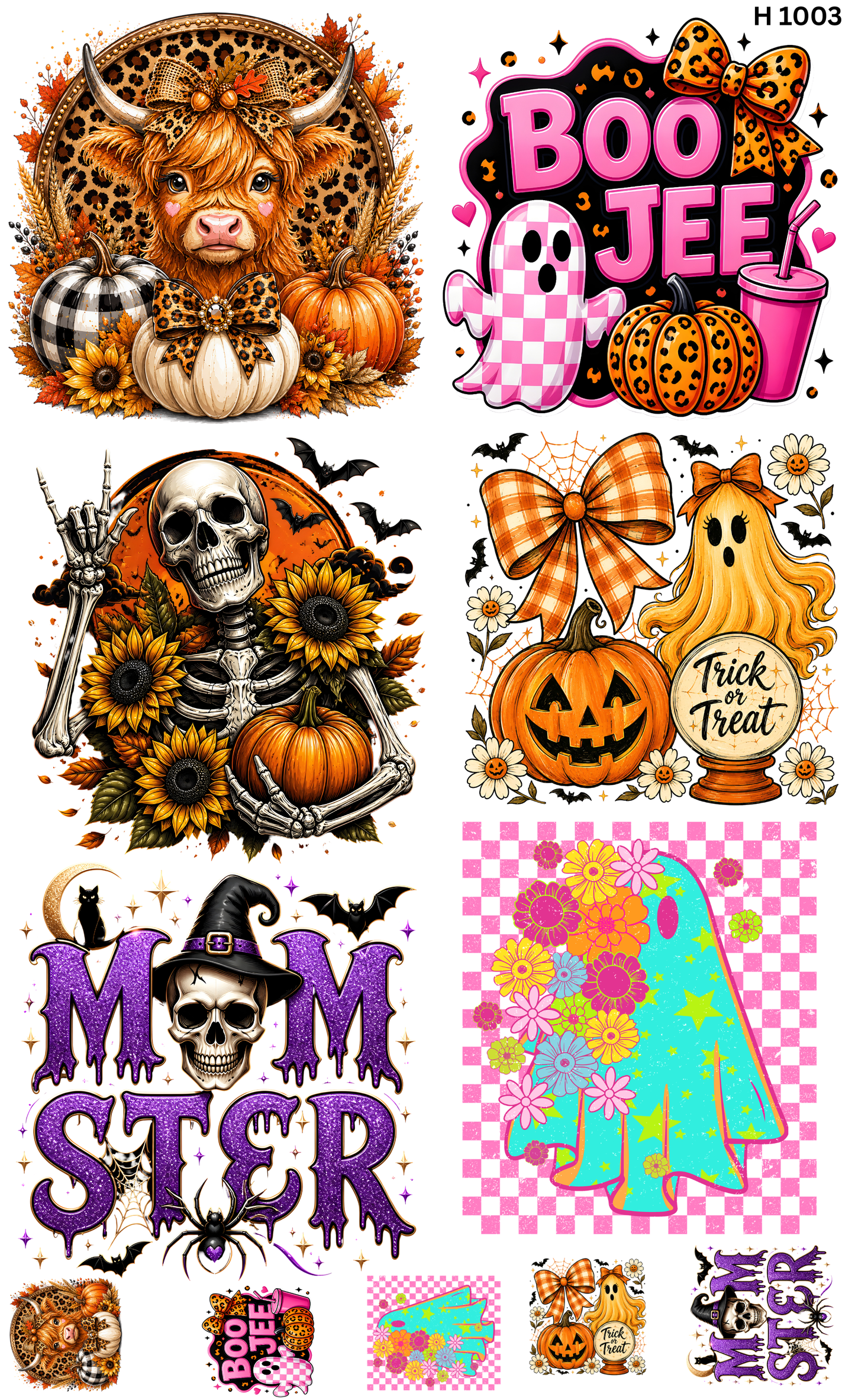 Gang Sheet DTF Halloween Cute Mix | Highland Cow, Ghost, Pumpkin & Pink October | 22x36"