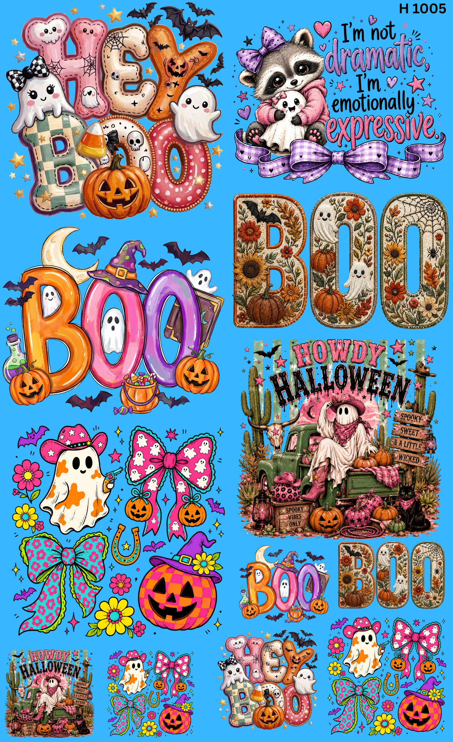 Gang Sheet DTF Halloween Cute Mix | Highland Cow, Ghost, Pumpkin & Pink October | 22x36"
